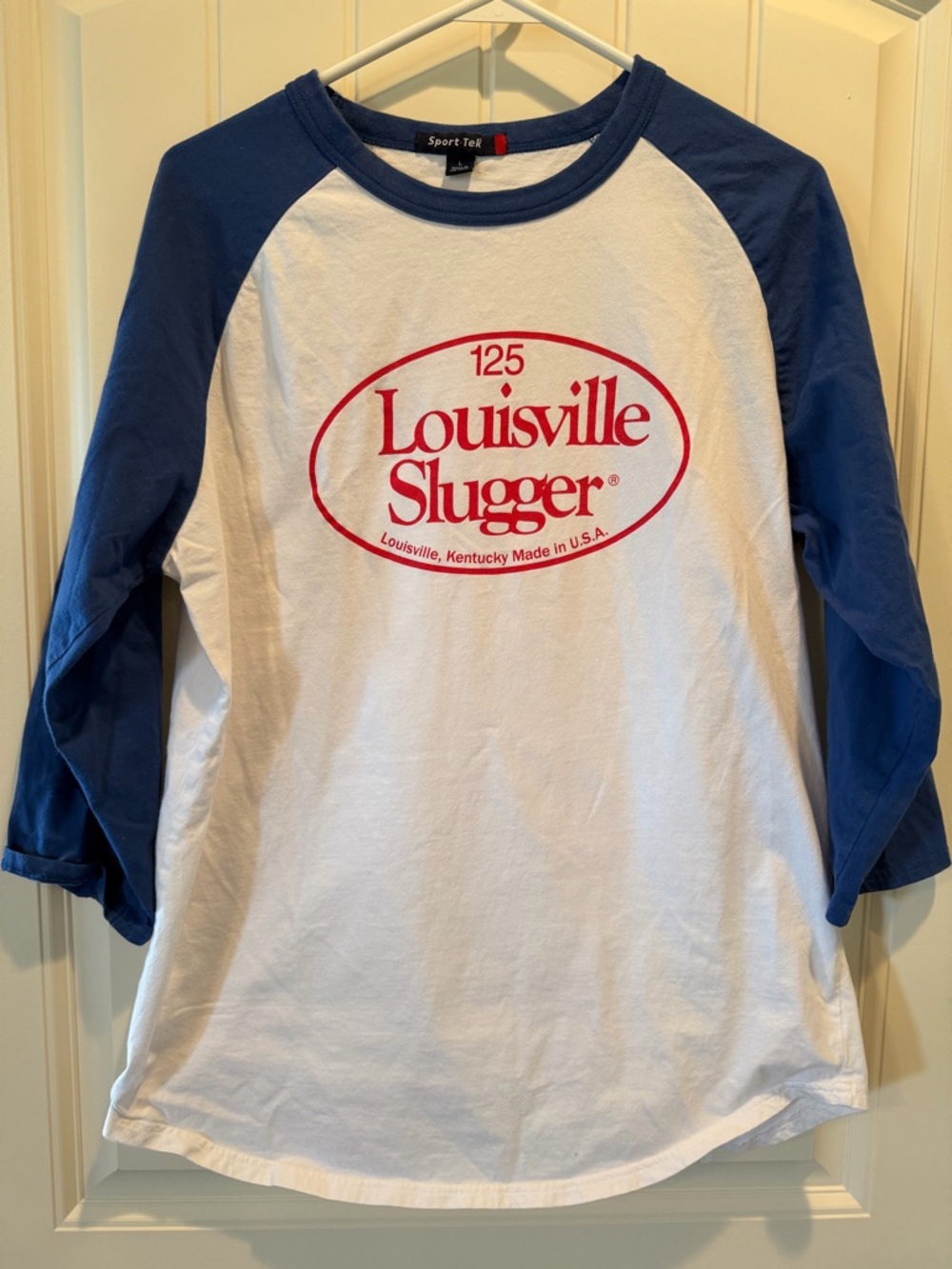 Sport-Tek White and Blue Raglan Louisville Slugger Tee